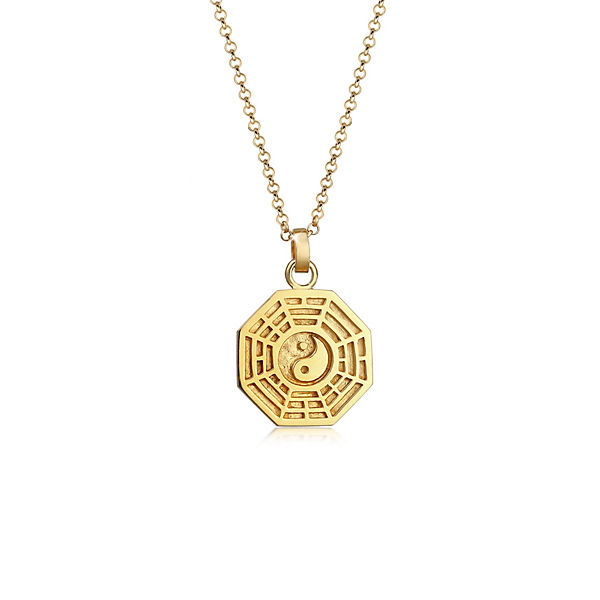 Elli Halskette Bagua Symbol Münze Vintage 925 Silber Vergoldet Halsketten