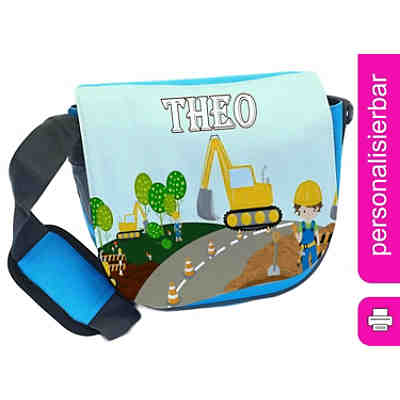 Kindergartentasche Rosa oder Hellblau mit Name personalisiert Bagger Umhängeband, Verstellbar, Verstellbare Träger, Innentaschen, Wasserabstoßend, Reflektierend