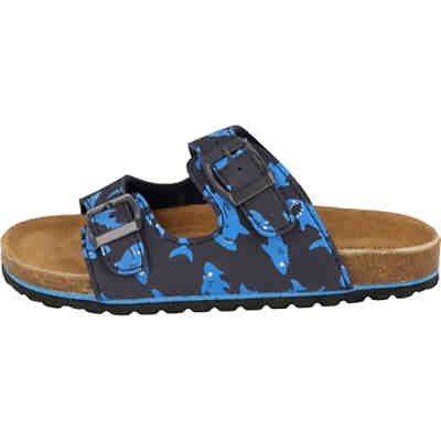 Jungen Hausschuhe Lederfußbett 474-423 Blau mit Hai-Motiven Pantoletten 2