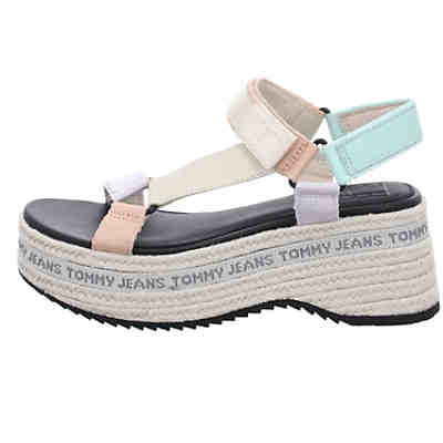 Damen Riemchensandalen Keilsandaletten Fußbett Bequem Freizeit Logoschriftzug Lederkombination uni Riemchensandalen 2