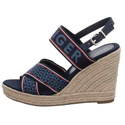 Damen Sandalen Webbing High Wedge Sandalette Fußbett Bequem Freizeit Textil bedruckt Keilsandaletten 2