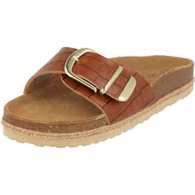 Damen Schuhe 274-577 Pantoffel Hausschuhe Lederfußbett Cognac Schnalle Clogs