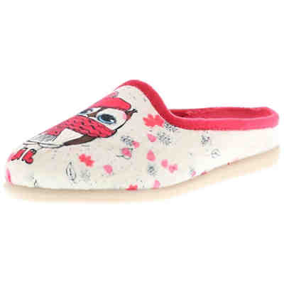 Damen Hausschuhe Pantoletten Pantoffeln Eule beige/rosa/mehrfarbig
