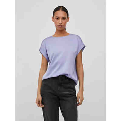 Satain Blusen T-Shirt Kurzarm Basic Top Glänzend VIELLETTE