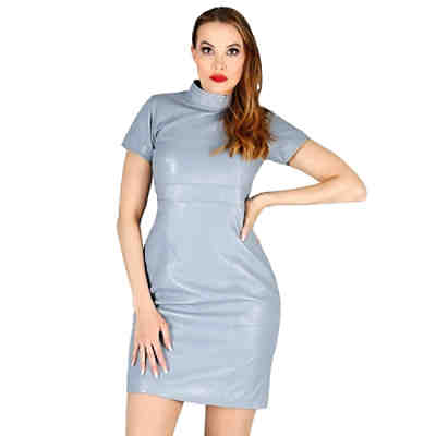 Lederkleid Tina kurzer Arm Stehkragen Knielang Grau aus echtem Lamm-Nappa-Leder