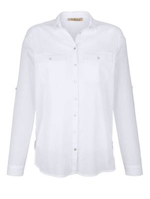 Bluse Stickerei langarm Knöpfe uni Figurumspielend halbtransparent Baumwolle Langarmblusen