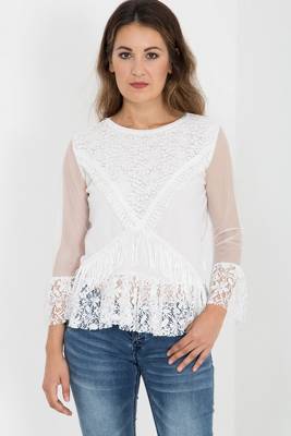 Way of Glory WAY OF GLORY Spitzenbluse mit Fransenbordüre Kurzarmblusen