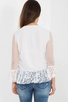 Way of Glory WAY OF GLORY Spitzenbluse mit Fransenbordüre Kurzarmblusen 2