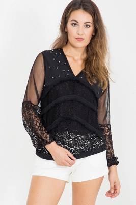 Way of Glory WAY OF GLORY Spitzenbluse mit V-Ausschnitt und Perlenapplikation Langarmblusen