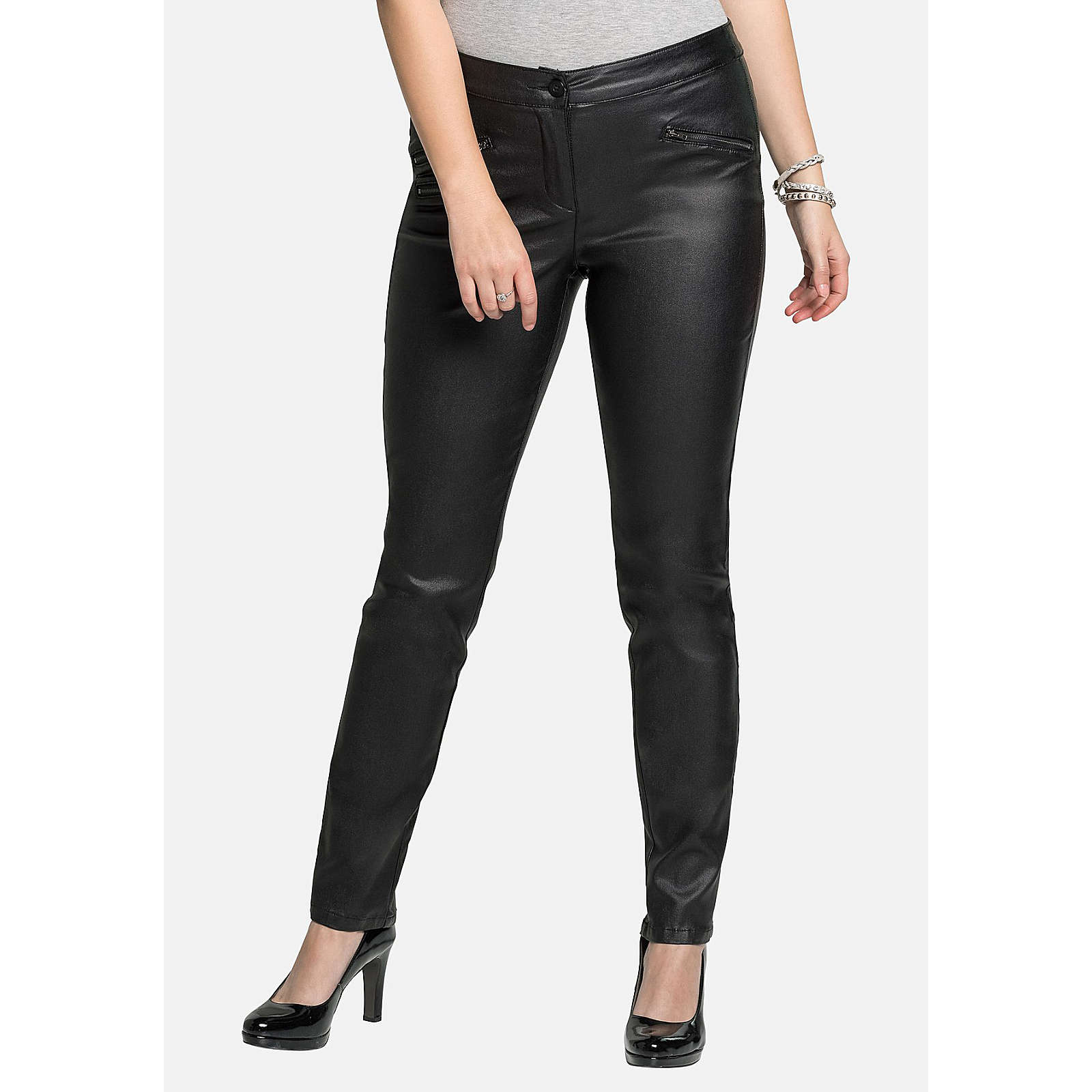 sheego Röhrenhose in Leder-Optik Jeanshosen schwarz Damen Gr. 52 sheego Röhrenhose in Leder-Optik Jeanshosen schwarz Damen Gr. 52