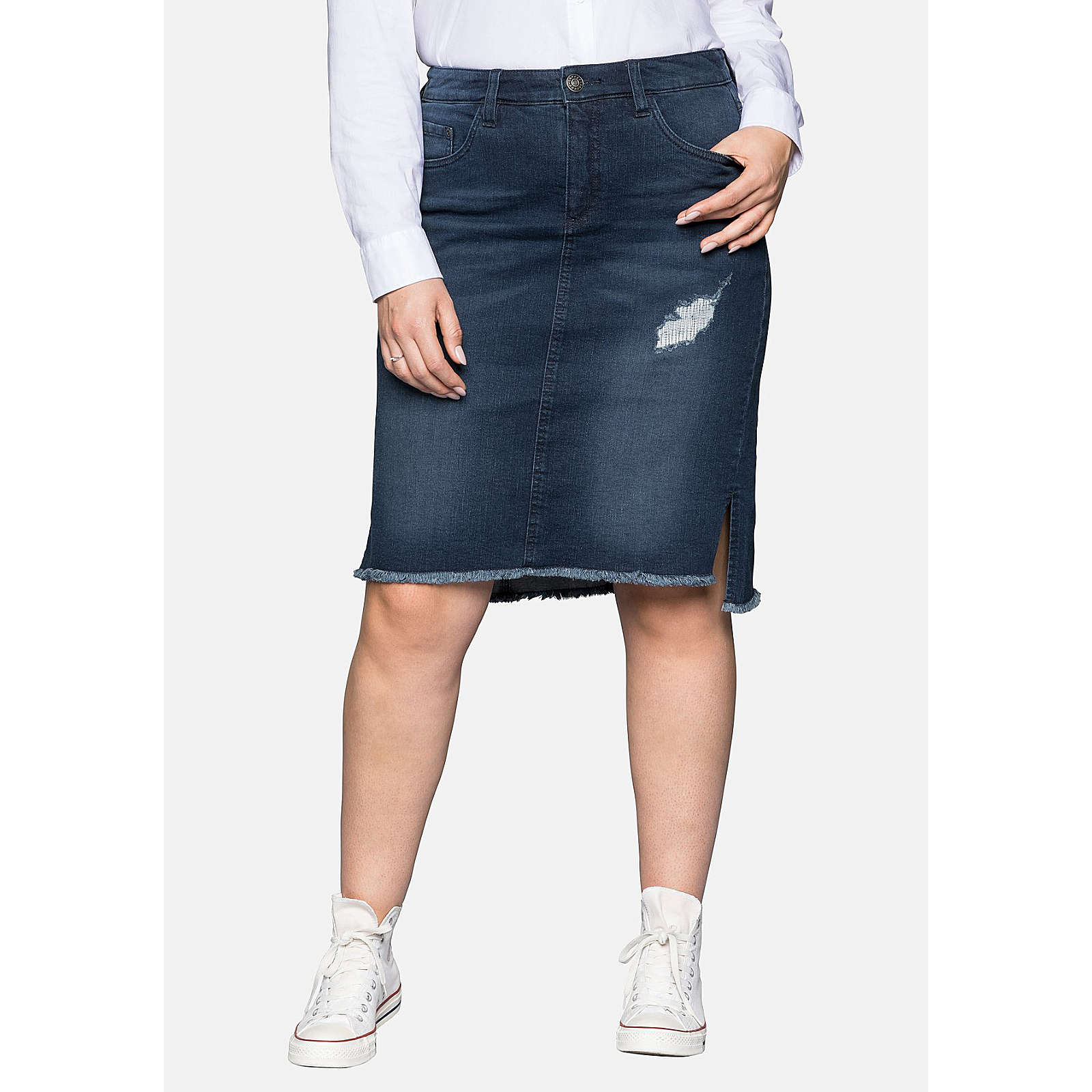 sheego Jeansrock mit Fransen Jeansröcke dunkelblau Damen Gr. 56 sheego Jeansrock mit Fransen Jeansröcke dunkelblau Damen Gr. 56