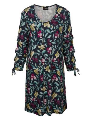 Jerseykleid Raffungen,Bänder 3/4-arm floral A-Linie blickdicht Viskose,Kunstfaser Jerseykleider