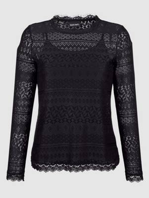 Spitzenshirt Spitze langarm uni Figurumspielend transparent Kunstfaser T-Shirts