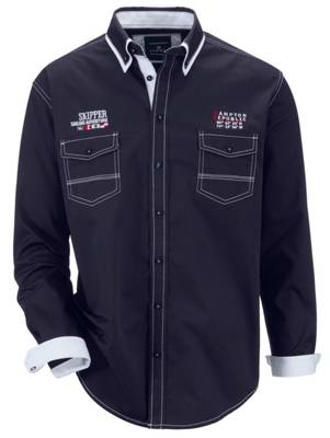 Hemd Kontrastnähte,Garngefärbt,Stickereien langarm Knopfleiste uni Regular Fit blickdicht Baumwolle Langarmhemden