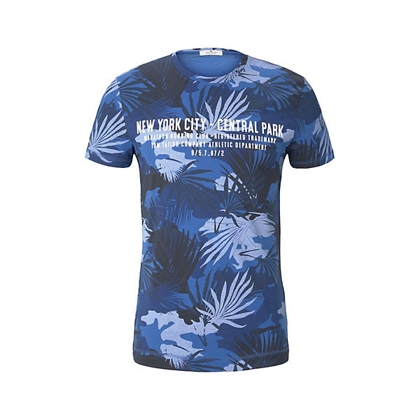 Bekleidung T-Shirts TOM TAILOR T-Shirt T-Shirt mit tropischem Allover-Print T-Shirts blau/weiß