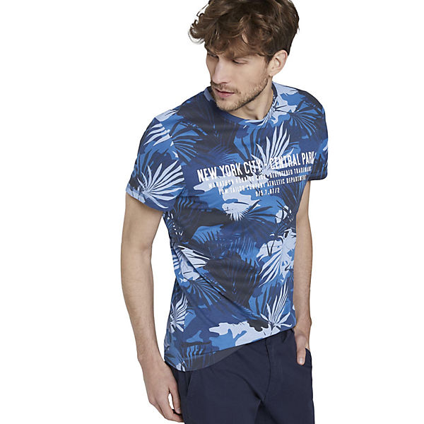 Bekleidung T-Shirts TOM TAILOR T-Shirt T-Shirt mit tropischem Allover-Print T-Shirts blau/weiß