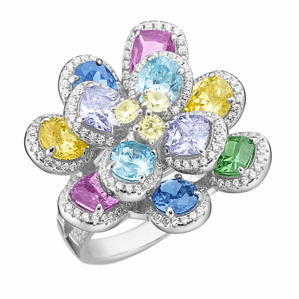 Giorgio Martello Milano Ring Blüte mit weißen und farbigen Zirkonia, Silber 925 Ringe