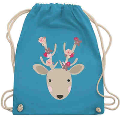 Mode für Oktoberfest Kinder Trachten-Shirt - Turnbeutel - Süßer Hirsch - Frühlingstiere mit Blumen - Turnbeutel für Kinder