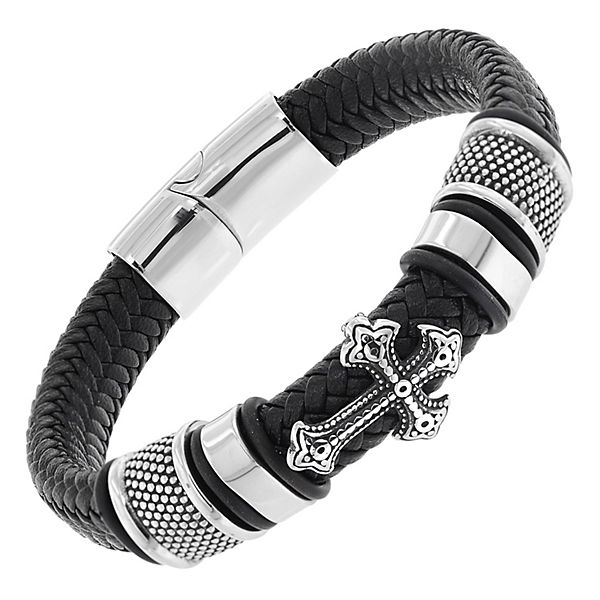 Accessoires Armbänder trendor Leder-Armband für Männer Schwarz mit Stahl Kreuz Armbänder schwarz