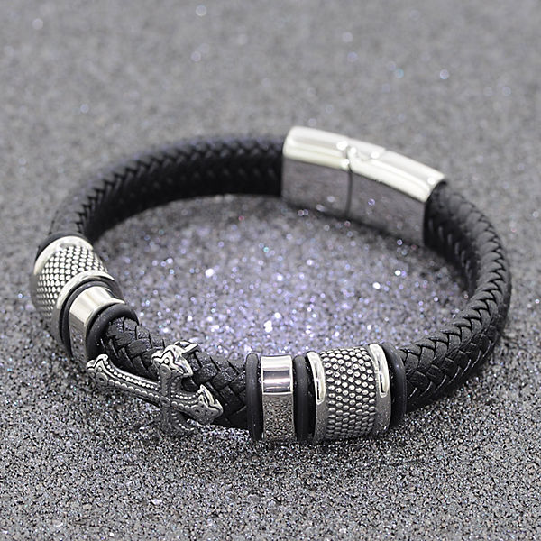 Accessoires Armbänder trendor Leder-Armband für Männer Schwarz mit Stahl Kreuz Armbänder schwarz