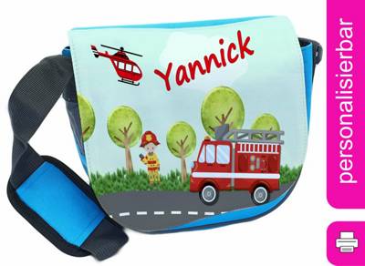 CreaDesign Kindergartentasche Rosa oder Hellblau mit Name personalisiert Feuerwehr Landschaft Umhängeband Verstellbar Verstellbare Träger Innentaschen Wasserabstoßend Reflektierend hellblau