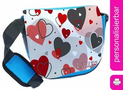 CreaDesign Kindergartentasche Rosa oder Hellblau mit Name personalisiert Herz rot grau Umhängeband Verstellbar Verstellbare Träger Innentaschen Wasserabstoßend Reflektierend hellblau