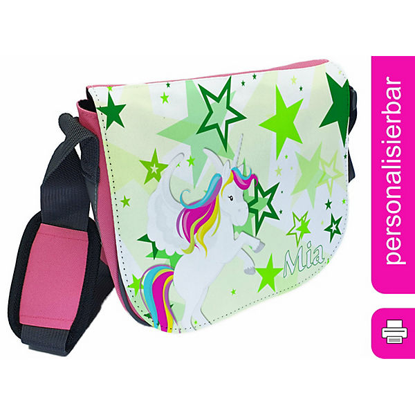 Kindergartentasche Rosa oder Hellblau mit Name personalisiert Pegasus Sterne  grün Umhängeband, Verstellbar, Verstellbare Träger, Innentaschen, Wasserabstoßend, Reflektierend