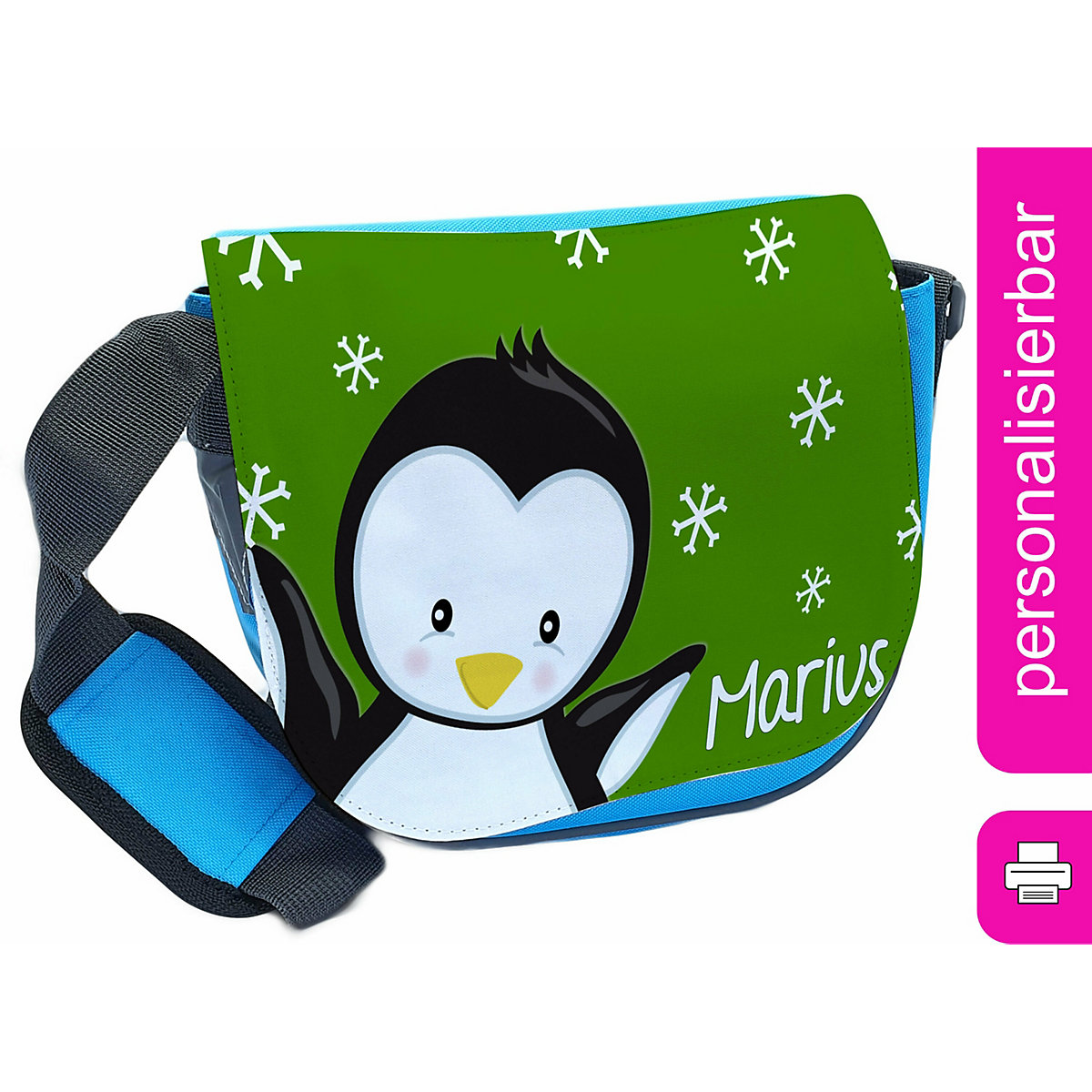 CreaDesign Kindergartentasche Rosa oder Hellblau mit Name personalisiert Pinguin grün Umhängeband Verstellbar Verstellbare Träger Innentaschen Wasserabstoßend Reflektierend hellblau