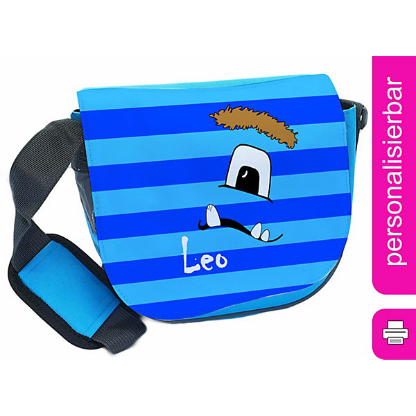 Kindergartentasche Rosa oder Hellblau mit Name personalisiert Monster Streifen  blau Umhängeband, Verstellbar, Verstellbare Träger, Innentaschen, Wasserabstoßend, Reflektierend