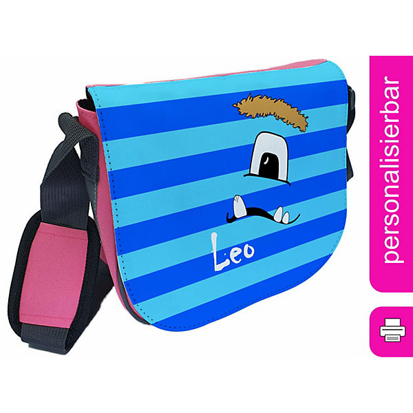 Kindergartentasche Rosa oder Hellblau mit Name personalisiert Monster Streifen  blau Umhängeband, Verstellbar, Verstellbare Träger, Innentaschen, Wasserabstoßend, Reflektierend