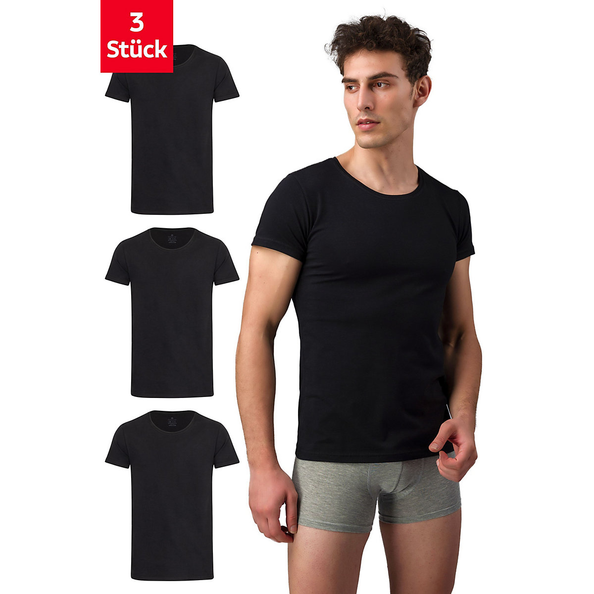 BURNELL & SON Unterhemd Herren mit Rundhals Ausschnitt 3er Pack T-Shirt mit Kurzarm aus Baumwolle Basic Slim Fit schwarz