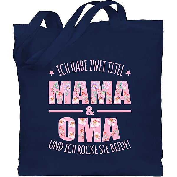 Mutter Geschenk Mama - Jutebeutel lange Henkel - Ich habe zwei Titel: Mama & Oma und ich rocke sie beide floral rosa - Umhängetaschen