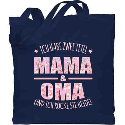 Mutter Geschenk Mama - Jutebeutel lange Henkel - Ich habe zwei Titel: Mama & Oma und ich rocke sie beide floral rosa - Umhängetaschen