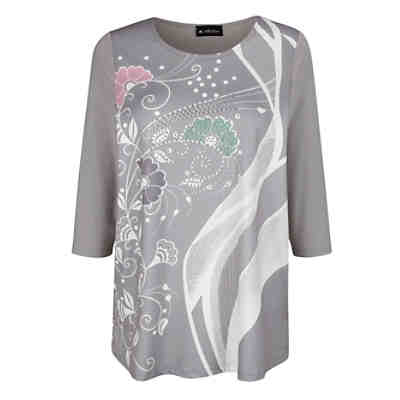 Shirt Strasssteine 3/4-arm floral Gerade blickdicht Kunstfaser T-Shirts