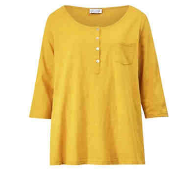 Shirt mit Knopfleiste Knöpfe 3/4-arm uni Ausgestellt blickdicht Baumwolle T-Shirts