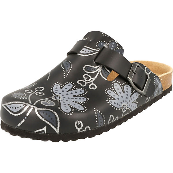 Damen Schuhe Clogs Hausschuhe Leder-Fußbett 276-155 Black Flower Clogs