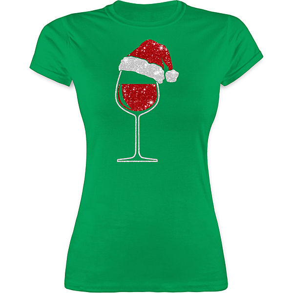Bekleidung T-Shirts SHIRTRACER Weihnachten & Silvester Geschenke Party Deko - Damen T-Shirt - Weinglas mit Weihnachtsmütze - T-S