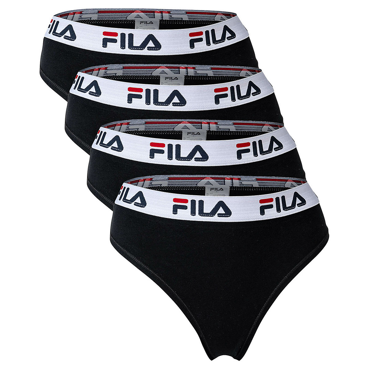 FILA Damen String 4er Pack Logo-Bund Cotton Stretch einfarbig Strings schwarz