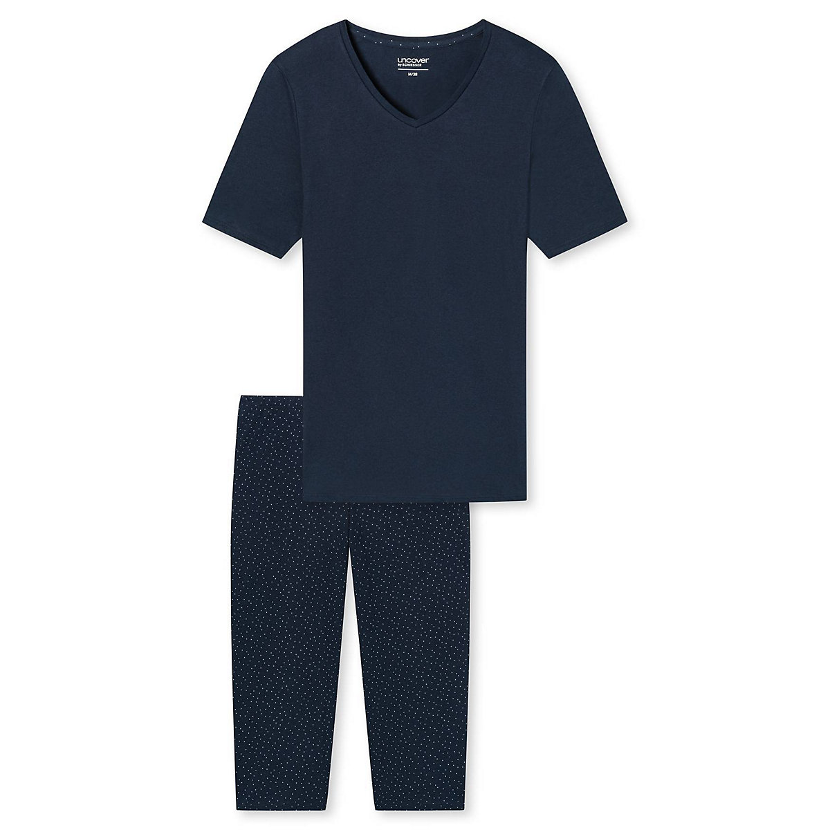 uncover by SCHIESSER Damen Schlafanzug Set kurz 2-tlg. 1/2 Arm 3/4 Hose V-Ausschnitt Pyjamahosen dunkelblau