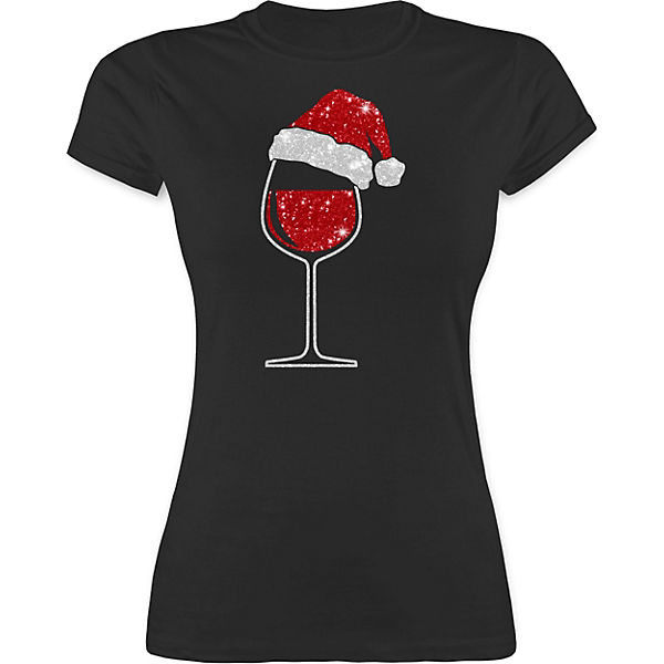 Weihnachten & Silvester Geschenke Party Deko - Damen T-Shirt - Weinglas mit Weihnachtsmütze - T-Shirts