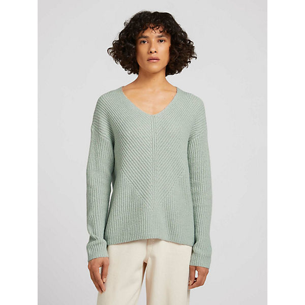 Bekleidung Pullover TOM TAILOR Pullover & Strickjacken Ripp Pullover mit V-Ausschnitt Pullover grün/beige Bekleidung Pullover TOM TAILOR Pullover & Strickjacken Ripp Pullover mit V-Ausschnitt Pullover grün/beige