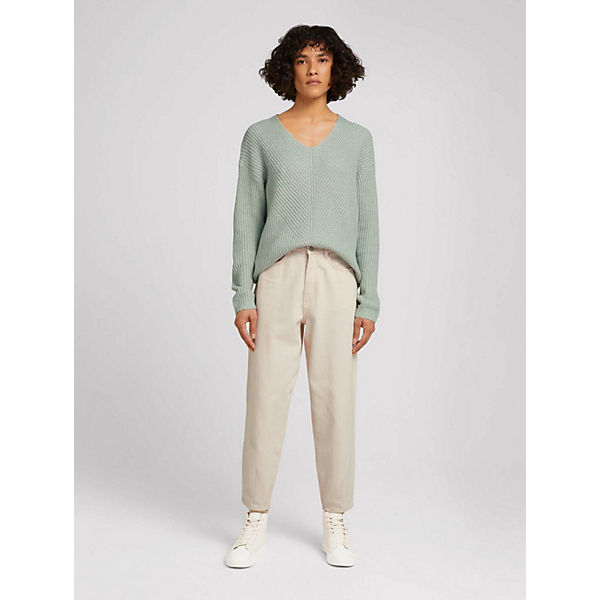 Bekleidung Pullover TOM TAILOR Pullover & Strickjacken Ripp Pullover mit V-Ausschnitt Pullover grün/beige