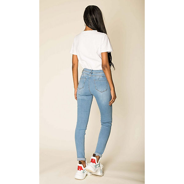 Bekleidung Skinny Jeans Nina Carter® Skinny Jeans Röhrenjeans Mid Push Up Effekt Used-Wash Stretch hellblau
