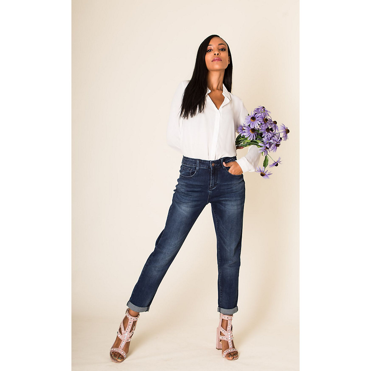 Nina Carter® Boyfriend Denim Jeans Hose Stretch Weites Bein Baggy Relaxed dunkelblau