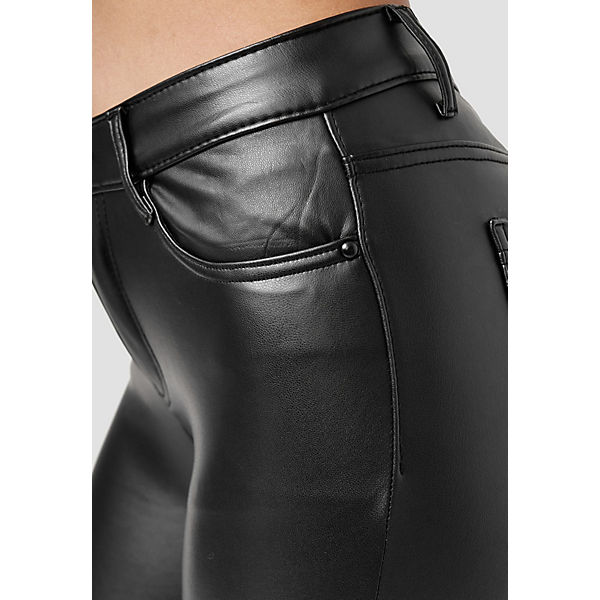 Bekleidung Stoffhosen NEWPLAY Leder Optik Stretch Hose Beschichtet Coated Pants Gefüttert schwarz