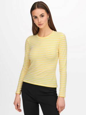 Jacqueline de Yong Dünnes Langarm Shirt Rundhals Longsleeve Pullover Gestreift Gerippt gelb SE11772