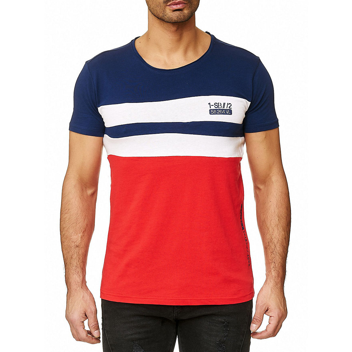 SUBLEVEL T-Shirt Farbig Streifen Colorblock O-Neck rot