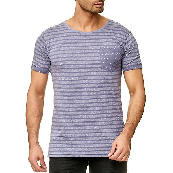 Bekleidung T-Shirts URBAN SURFACE T-Shirt Gestreift Meliert Rundhals Modern Art Shirt Brusttasche blau