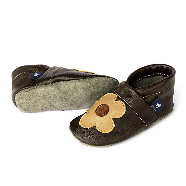 Schuhe  Pantau® Krabbelschuhe / Lederpuschen / Hausschuhe mit Blume Krabbelschuhe dunkelbraun