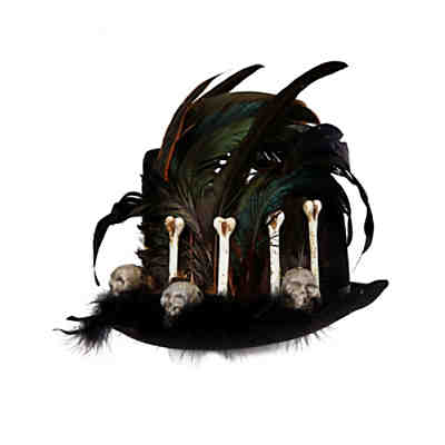 Schwarzer Voodoo Hut mit Federn und Schädeln für Halloween Kostümzubehör